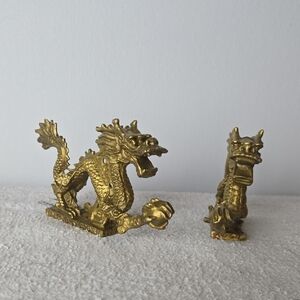 Set of 2 Ornate Golden Dragon Statues